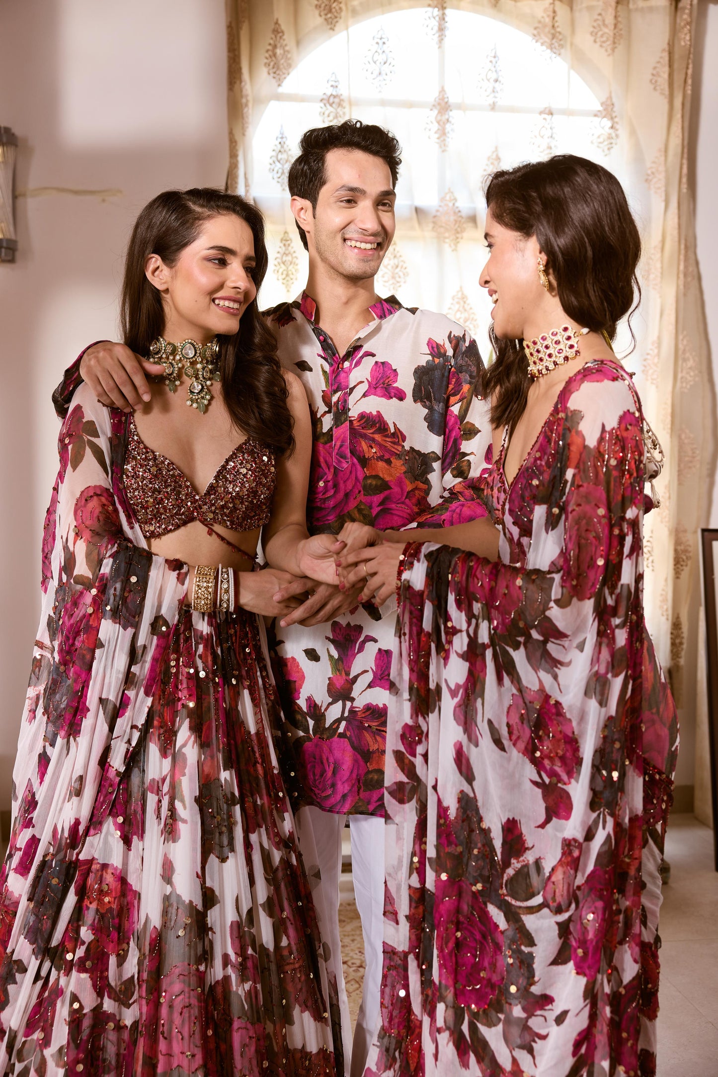 WHITE & PINK CHIFFON FLORAL LEHENGA