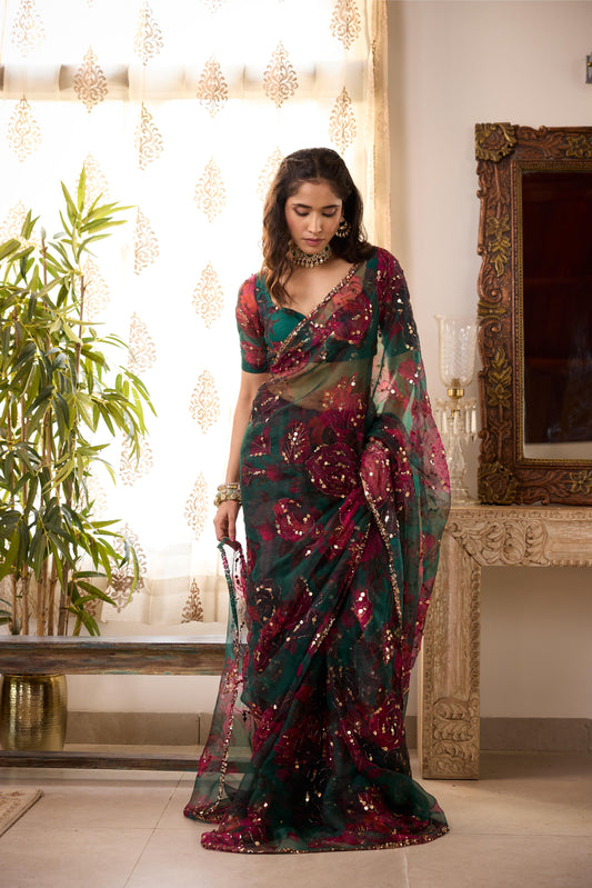 TEAL GREEN ORGANZA FLORAL SAREE