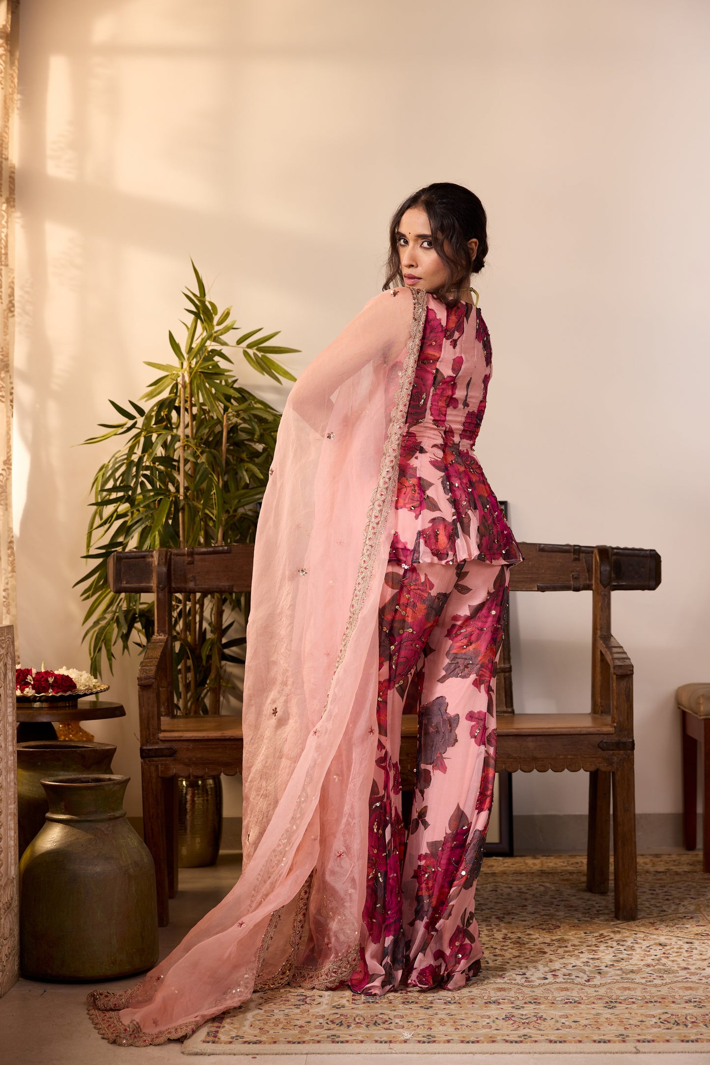 LILAC CHIFFON FLORAL A-LINE SHORT KURTA & PANTS