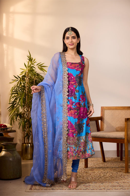 TURQUISE CHIFFON FLORAL KURTI