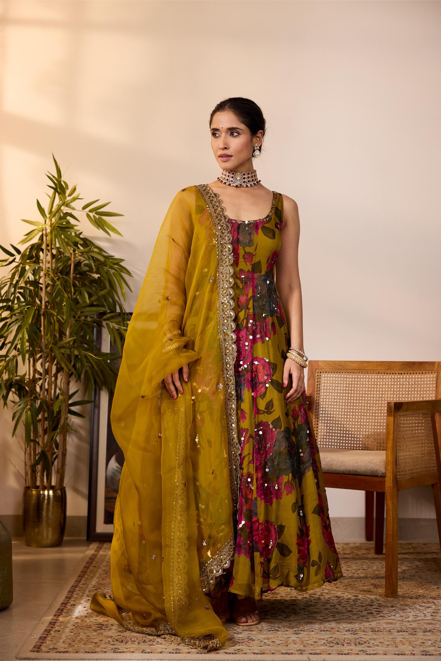 MUSTARD CHIFFON FLORAL A-LINE ANARKALI