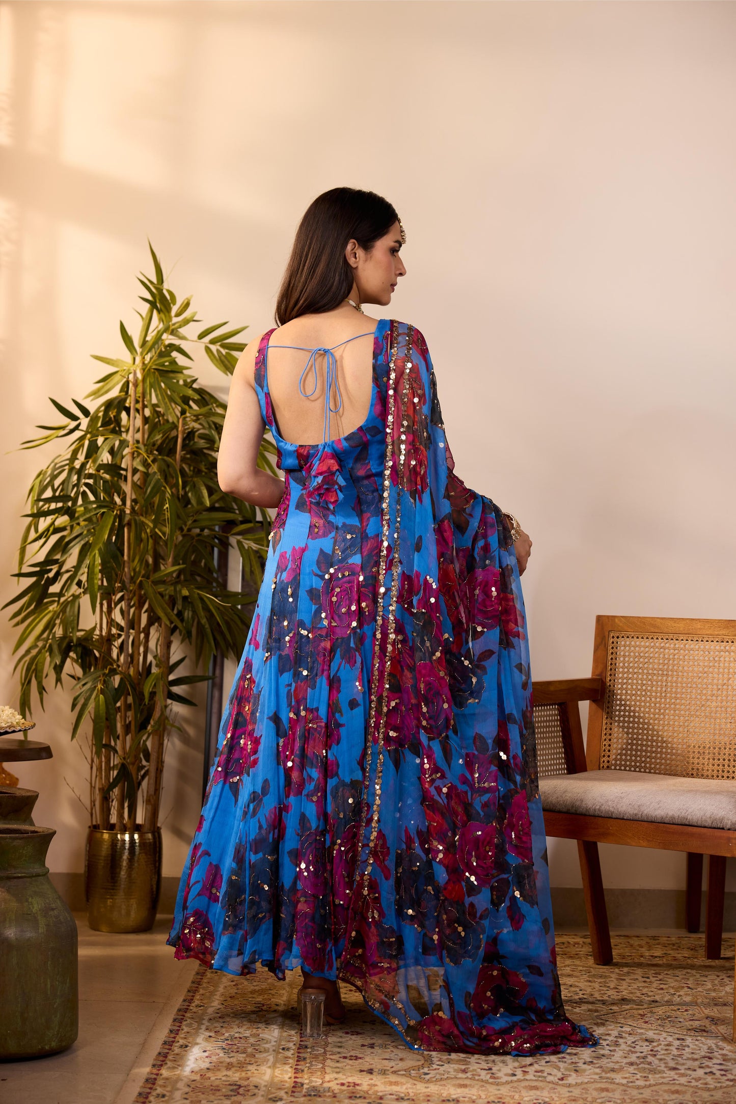 TURQUISE CHIFFON FLORAL A-LINE ANARKALI