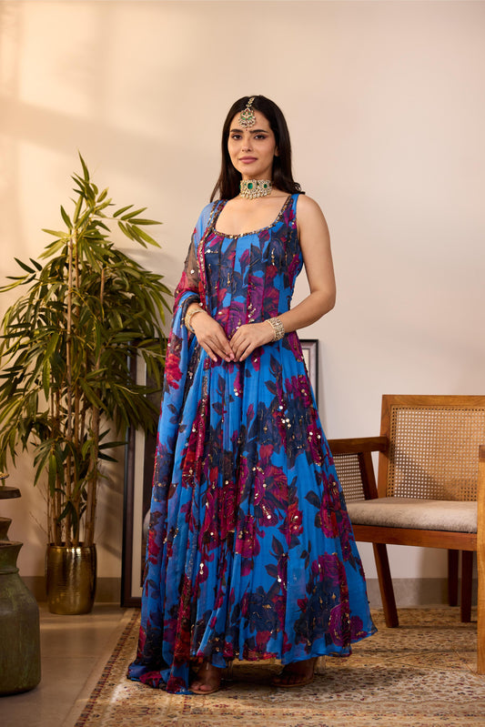 TURQUISE CHIFFON FLORAL A-LINE ANARKALI