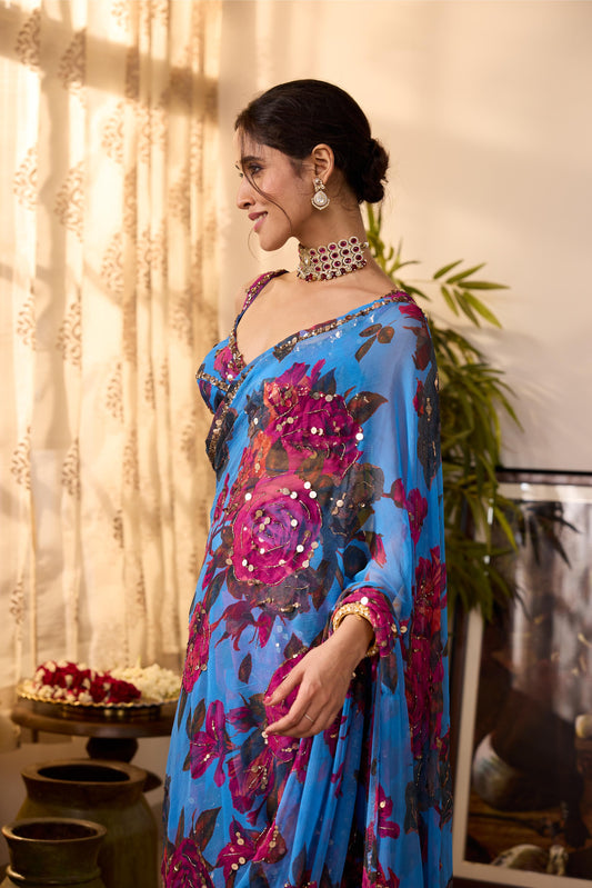 TURQUISE CHIFFON FLORAL SAREE