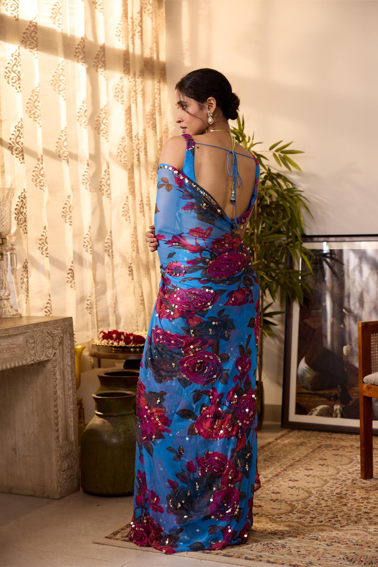 TURQUISE CHIFFON FLORAL SAREE