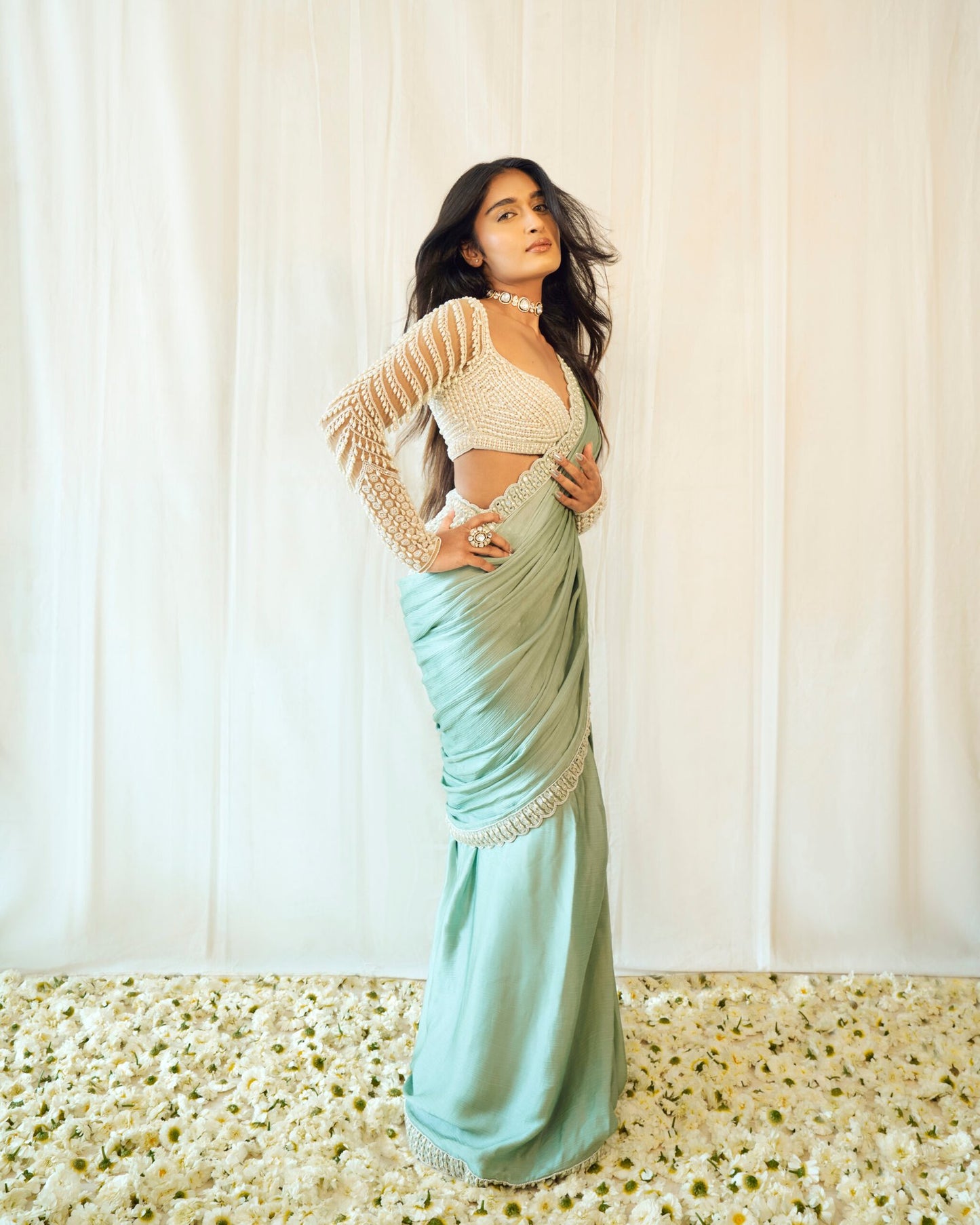NIHARIKA NM In Powder Mint Green Chandelier Drop Saree Set