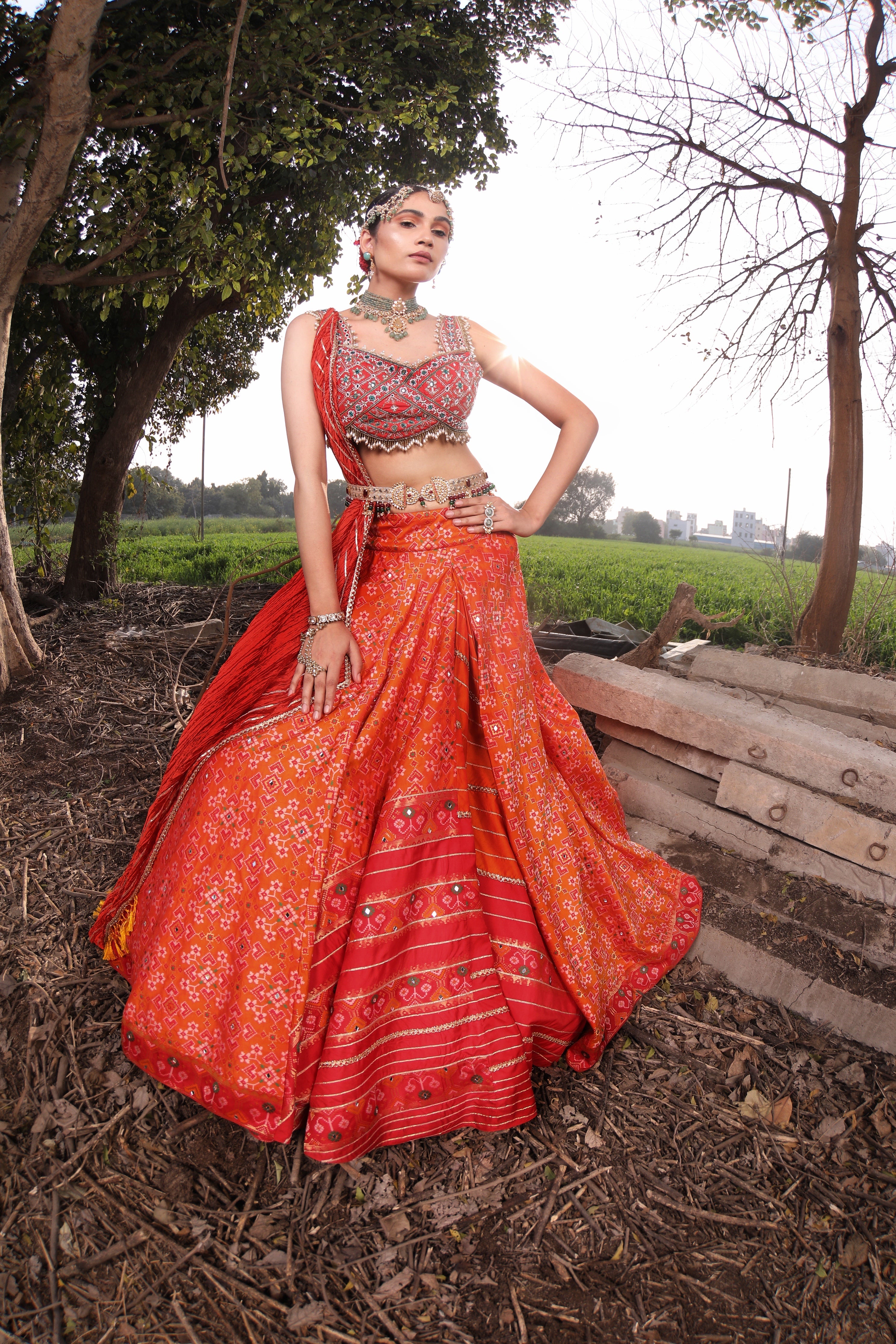 Women's Orange Woven Banarasi Silk Lehenga Set