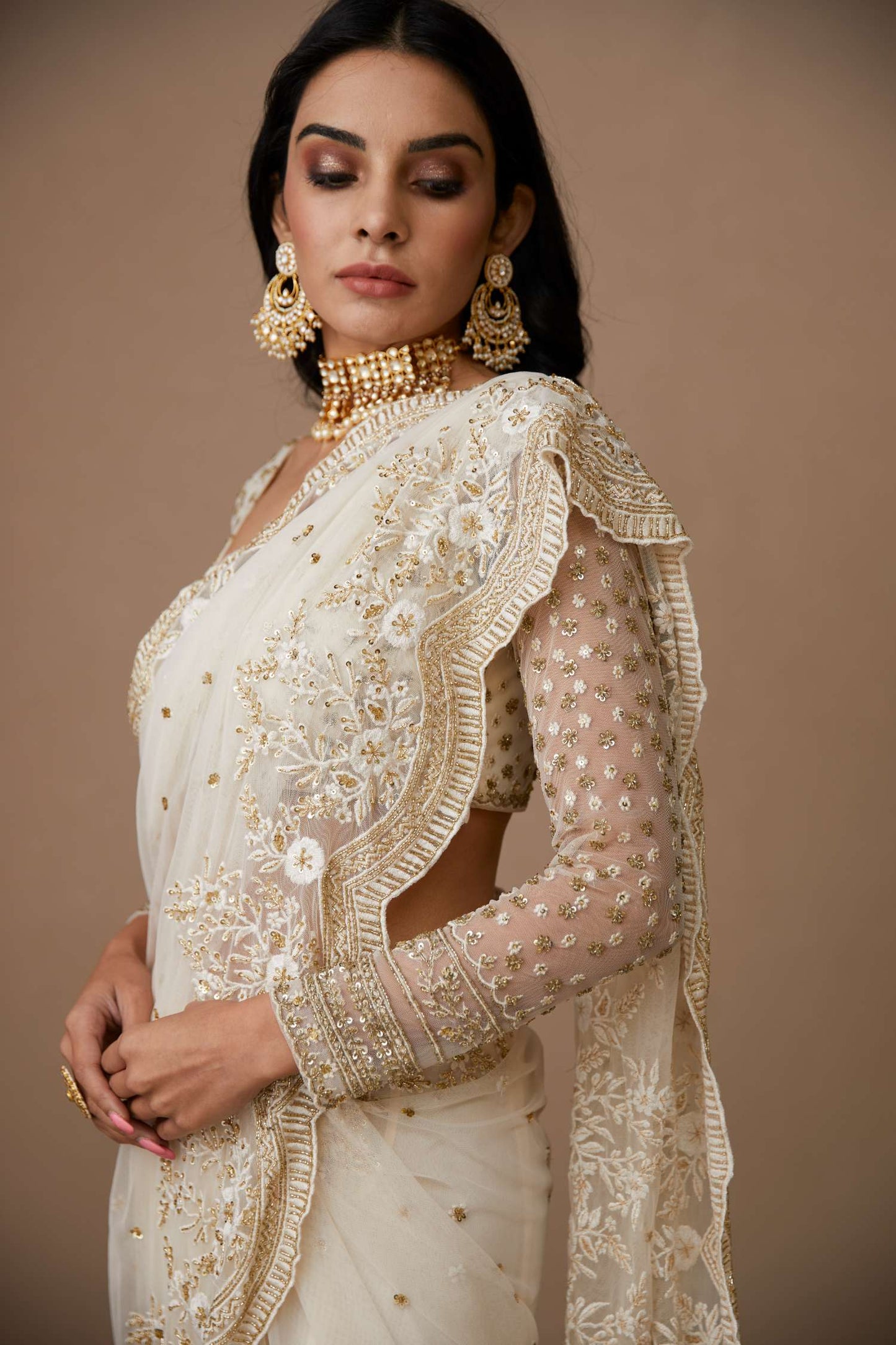 White Net Thread Work Saree Set