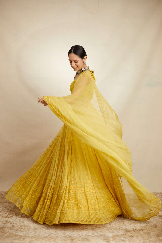 Yellow Thread Work Lehenga Set