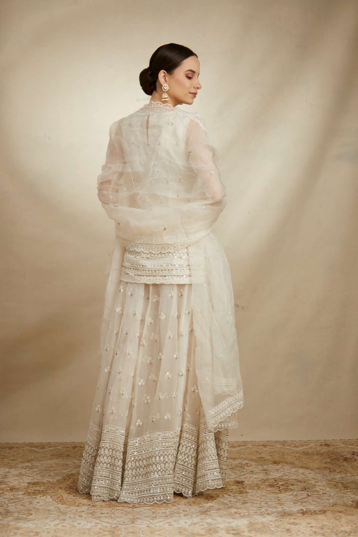 White Thread Work Kurti Sharara Set