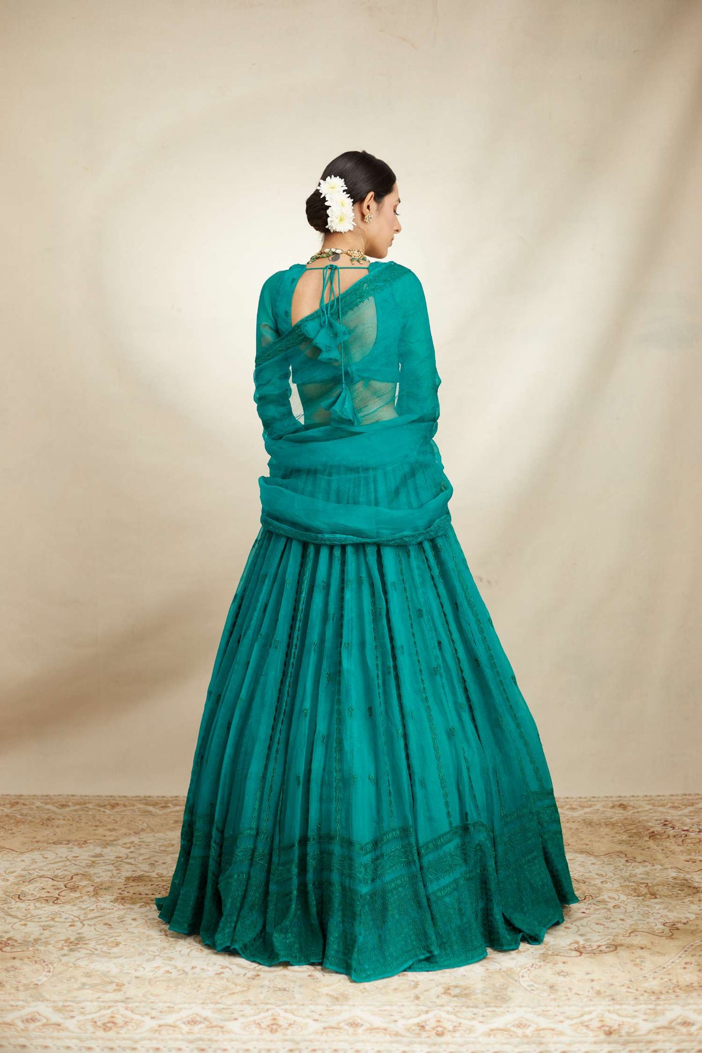 Teal Green Line Threadwork Lehenga Set