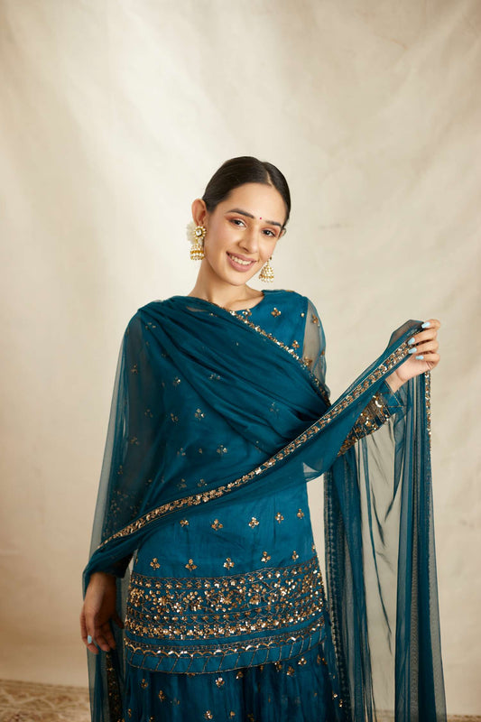 Teal Blue Organza Sequence Work Kurti Sharara Set