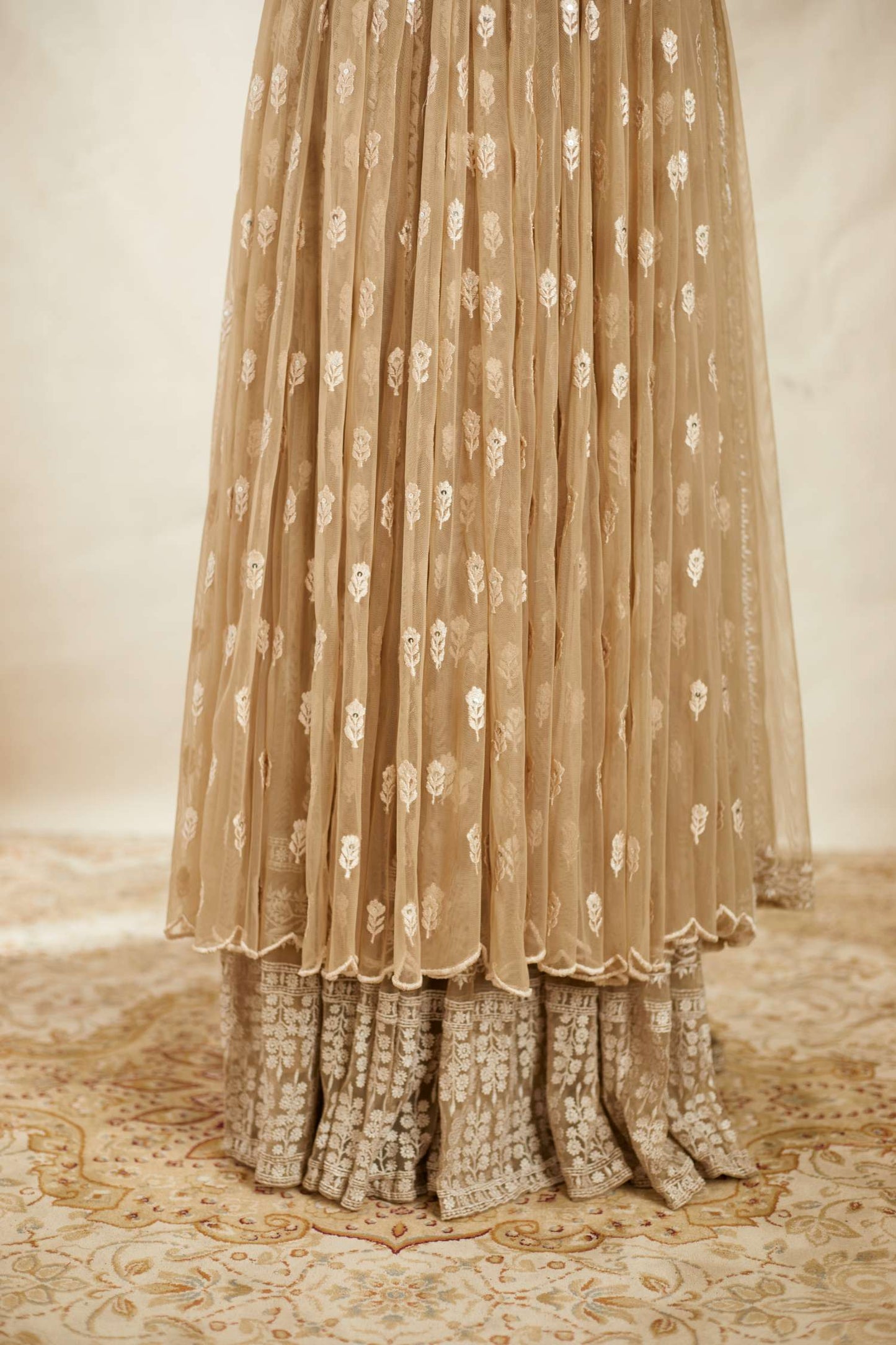 Beige Threadwork Long Kurti Sharara Set