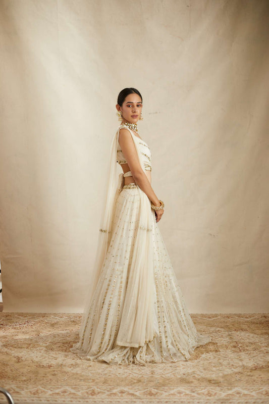 Off White Net Crepe Line Embroidered Lehenga Set