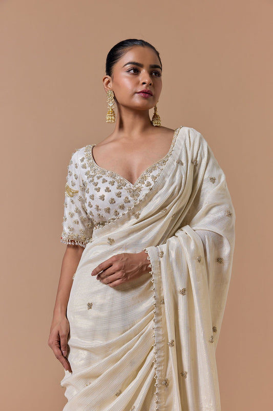 Cream Gold Lurex Saree Set