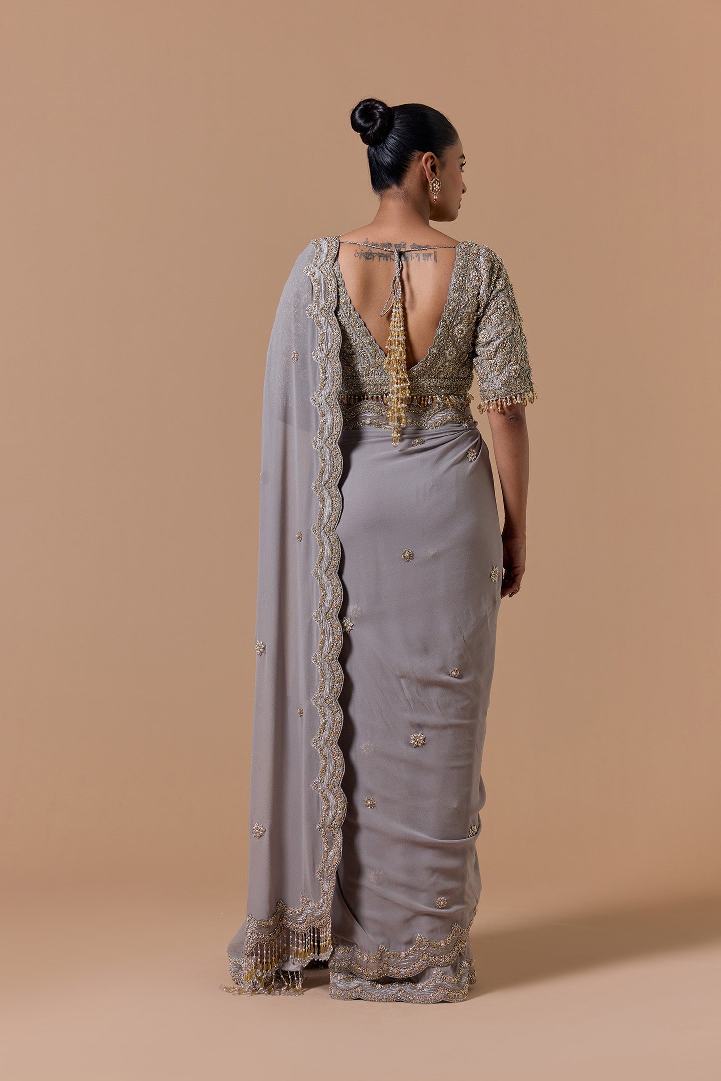 Grey Georgette With Tissue Blouse Saree Set