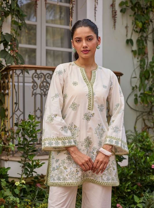 Kalani Supima Cotton Off White & Green Co-ord Set