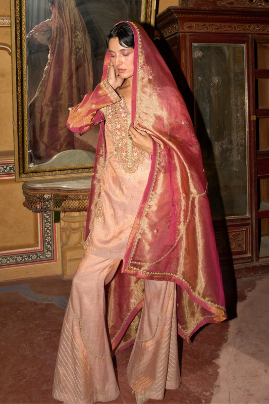 Rose pink short kurta with bell bottom pants