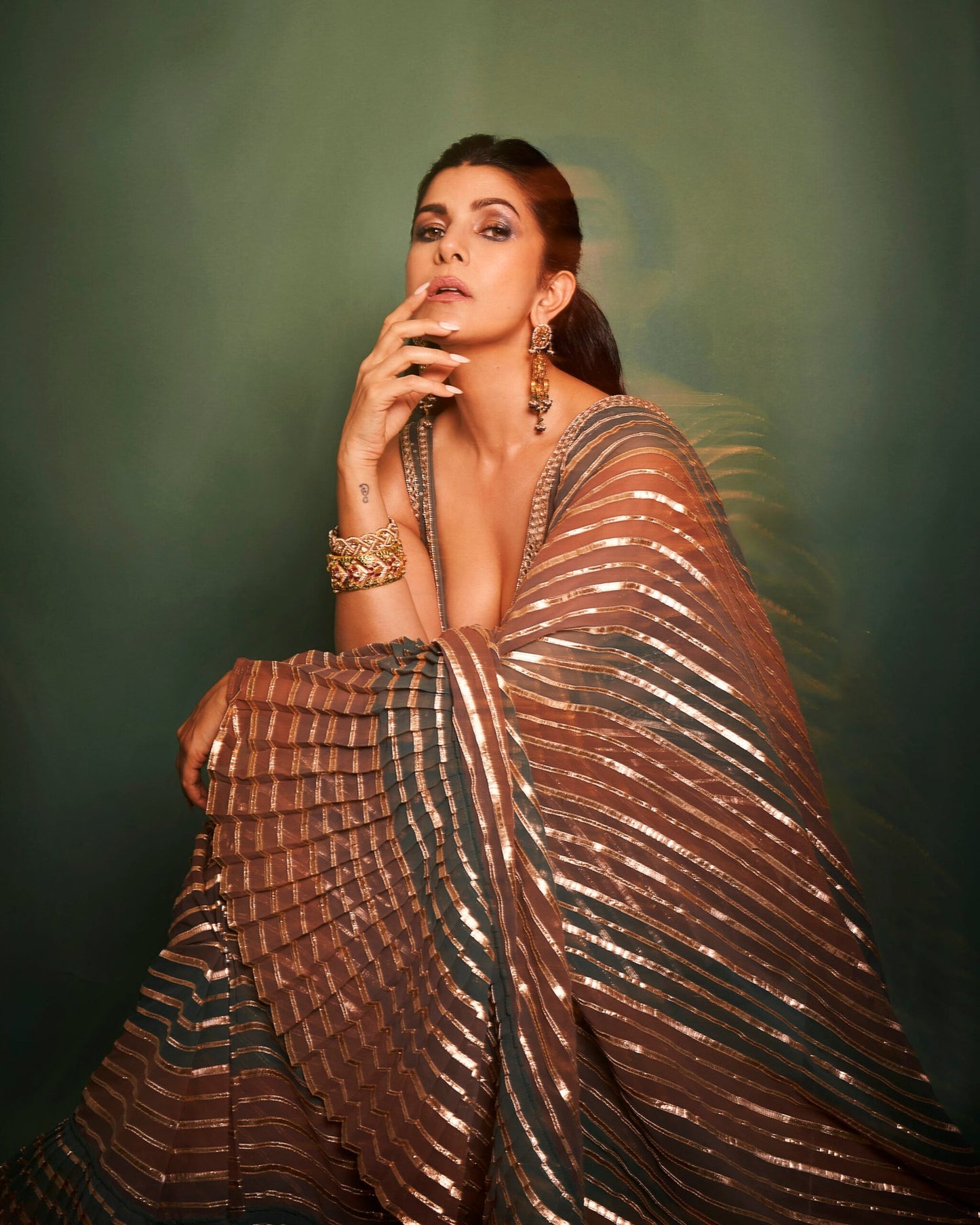 NIMRAT KAUR In Gota Pre Draped Mud Green Multi Color Saree Set