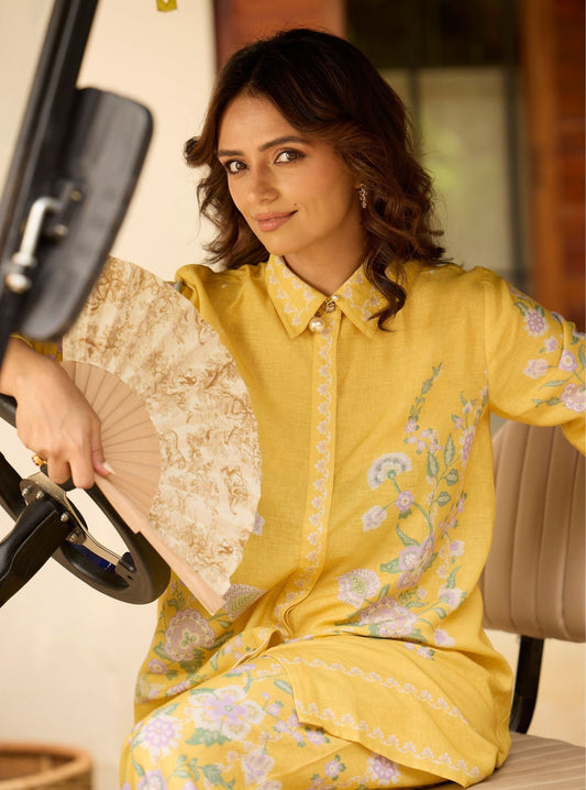 Fleur Printed Linen Yellow Co-ord Set