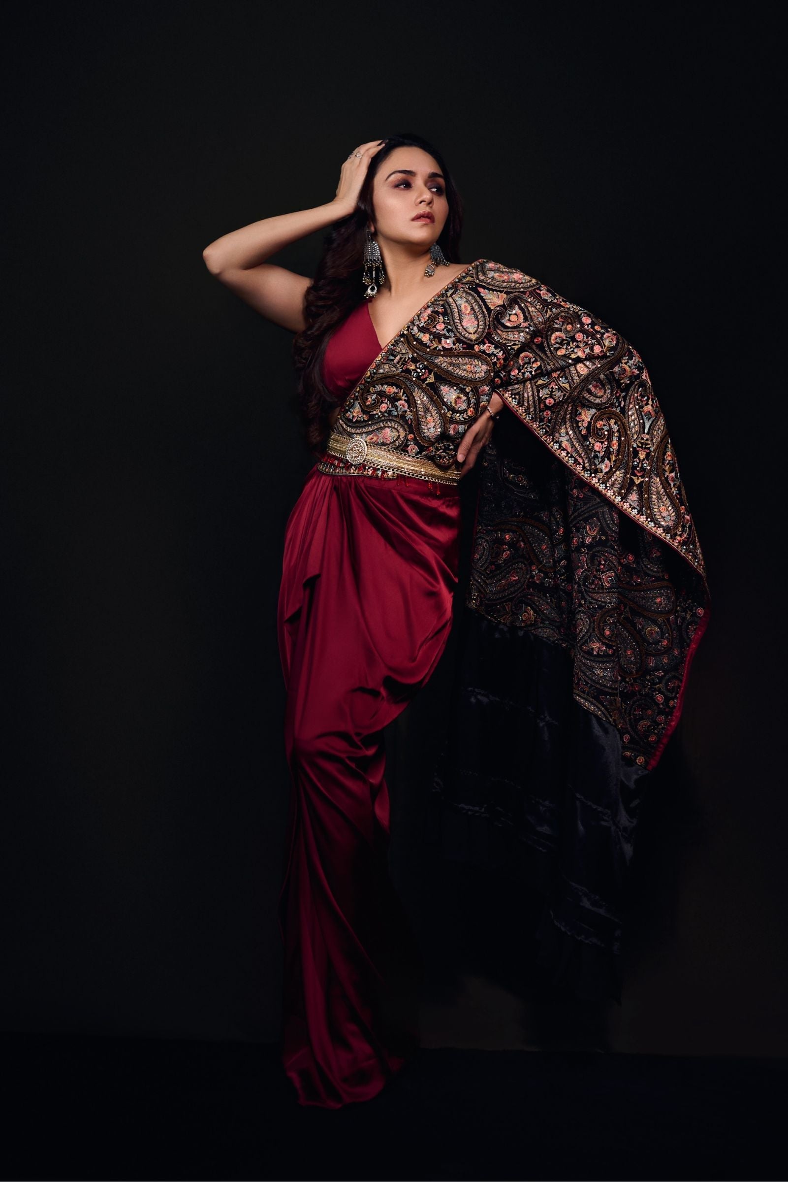 Women's Wine Kashida Embroidered Draped Saree