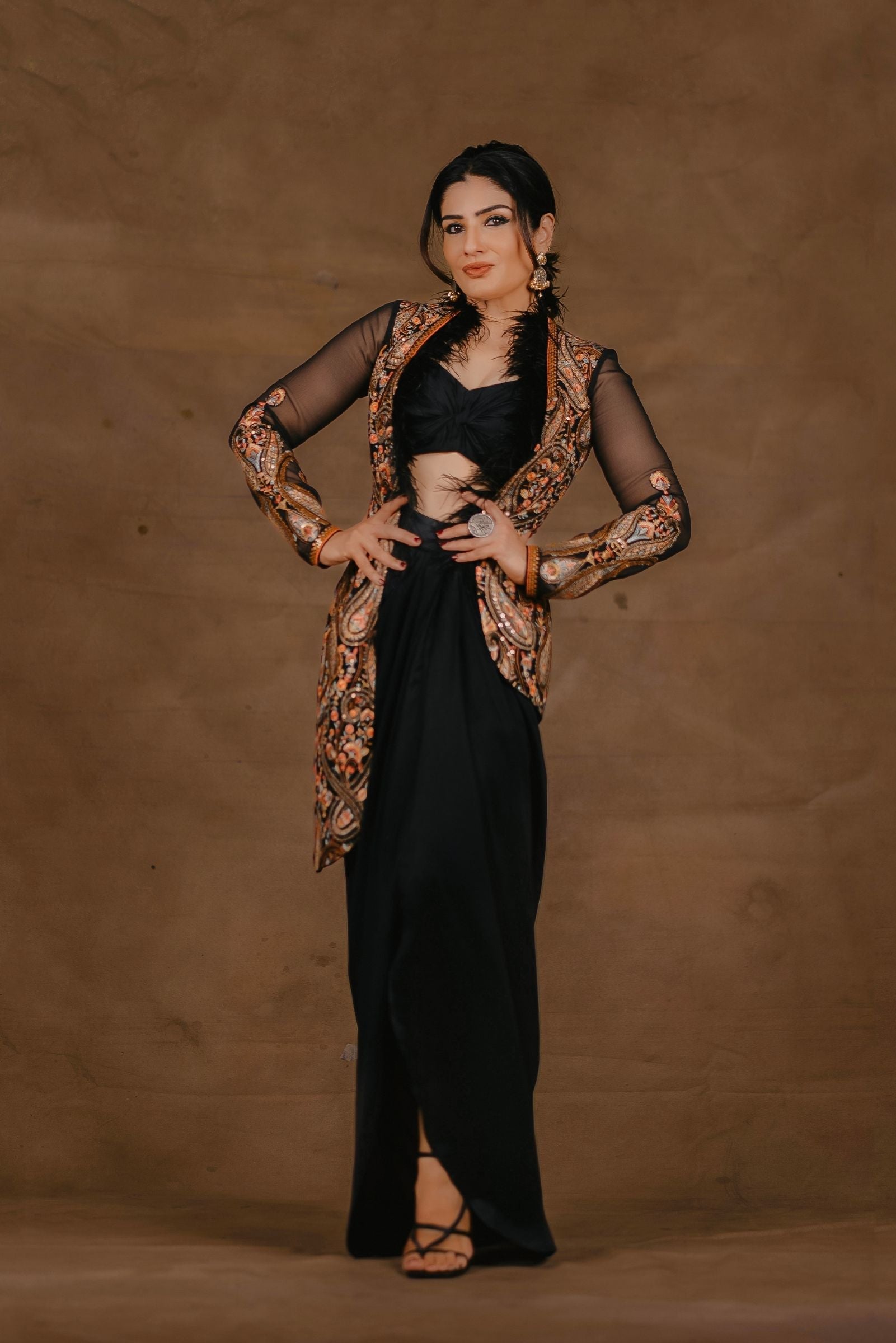 Women's Embroidered Black Sleeved Jacket Set