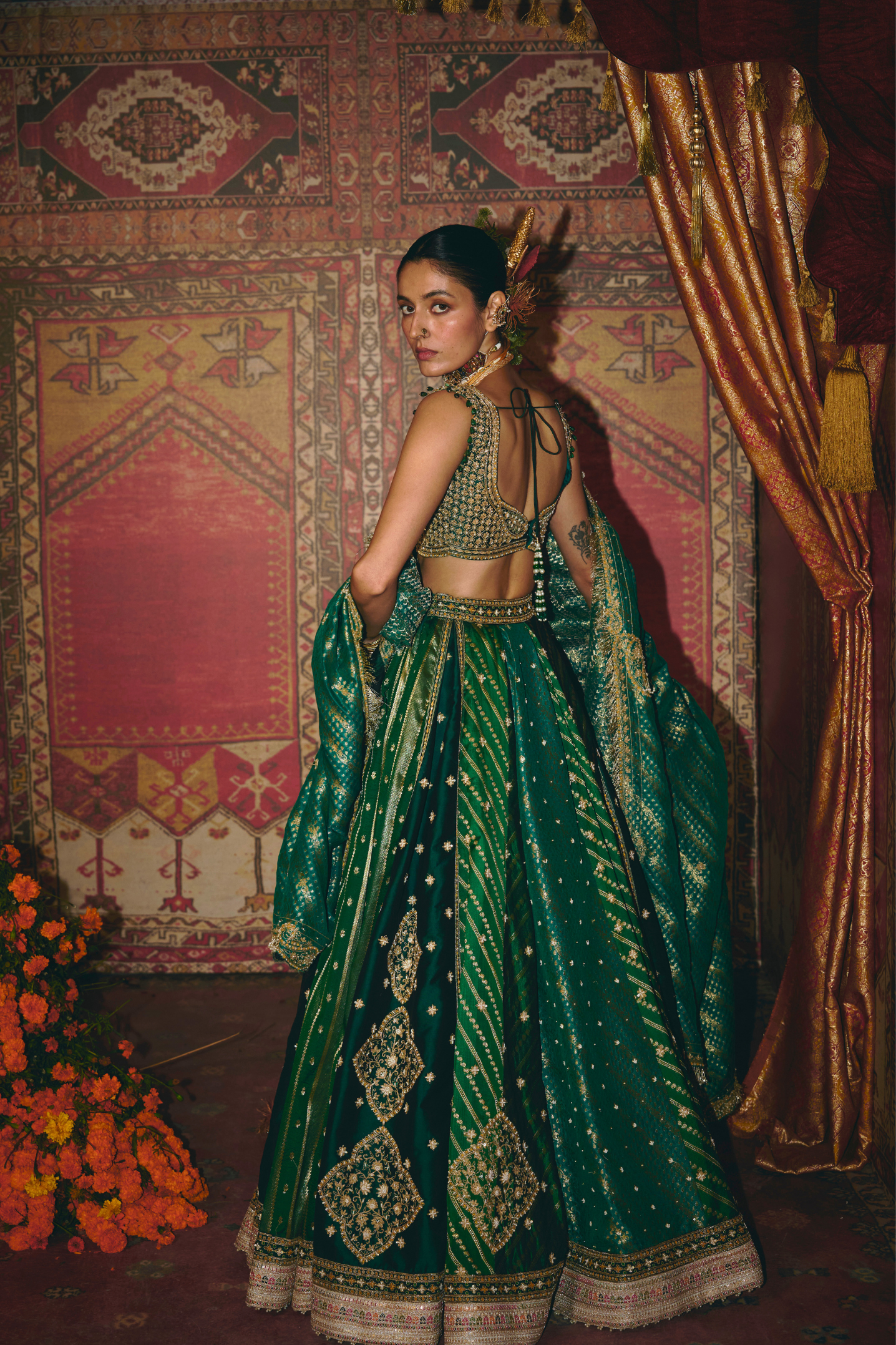 Green and Teal Silk Banarsi Lehenga Set