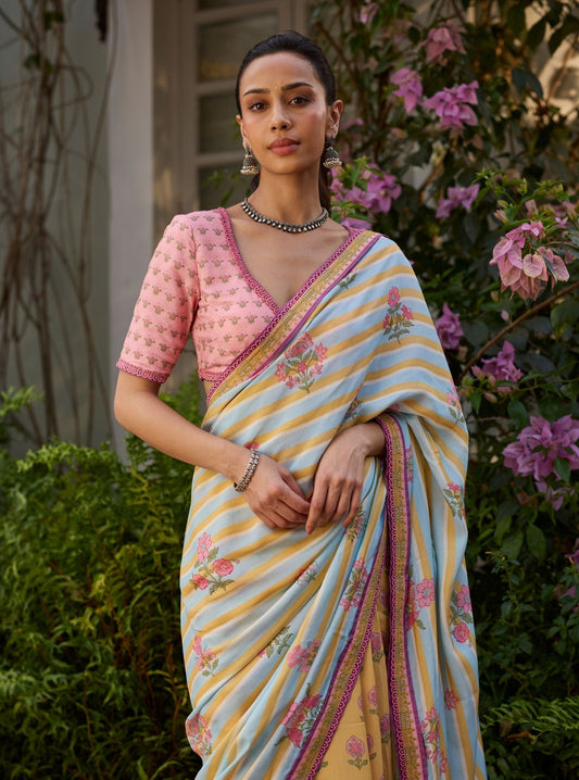 Rava Lawn Printed Yellow Saree
