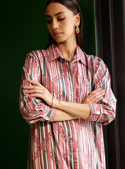 Joy Pima Satin Stripe Wine Kurta Set
