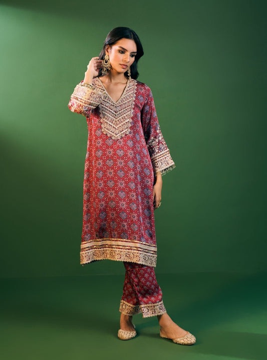 Sunheri Cupro Satin Red Ajrakh Print Kurta Set