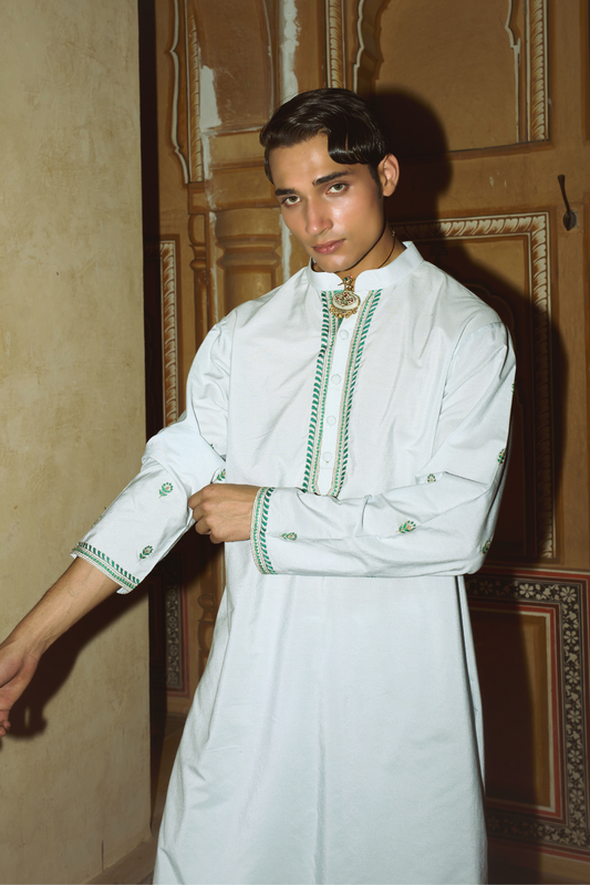 Powder blue cotton-silk kurta with salwar