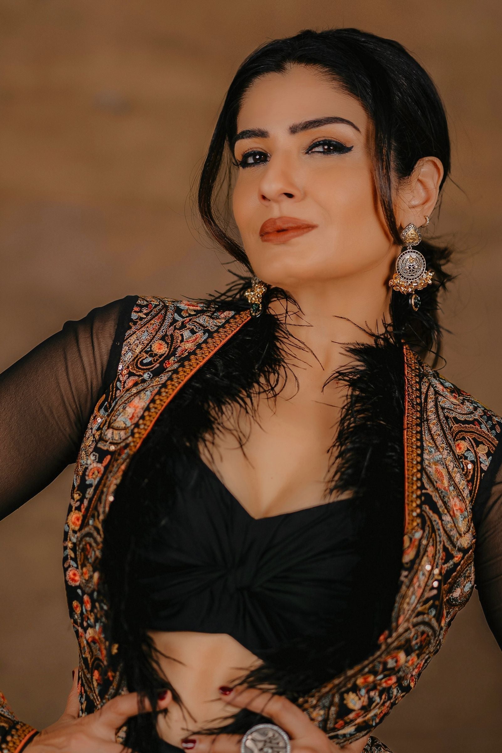 Women's Embroidered Black Sleeved Jacket Set