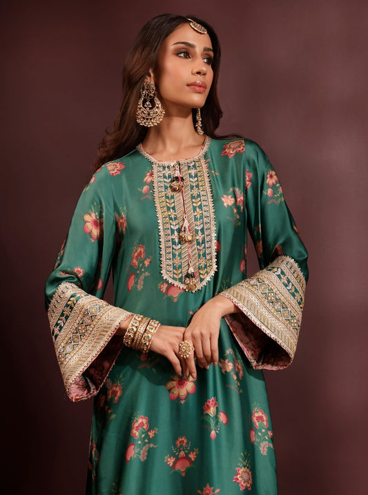 Ovia Cupro Satin Printed Emerald Green Kurta & Pant Set