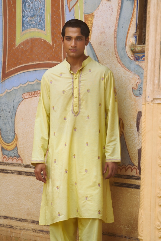 Pastel yellow kurta with straight fit pants