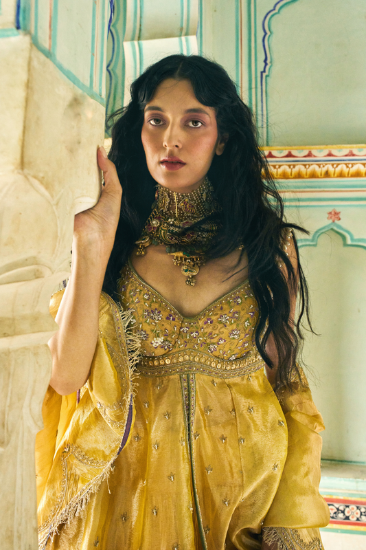 Mustard yellow zari tissue jacket with crushed skirt set