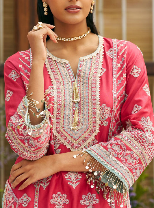 Khumari Pima Satin Red Kurta Set