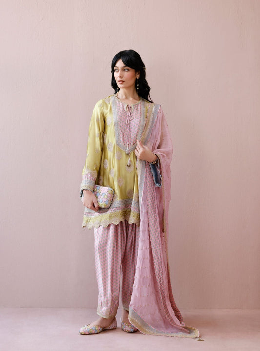 Veya Cupro Satin Lime & Pink Kurta Set