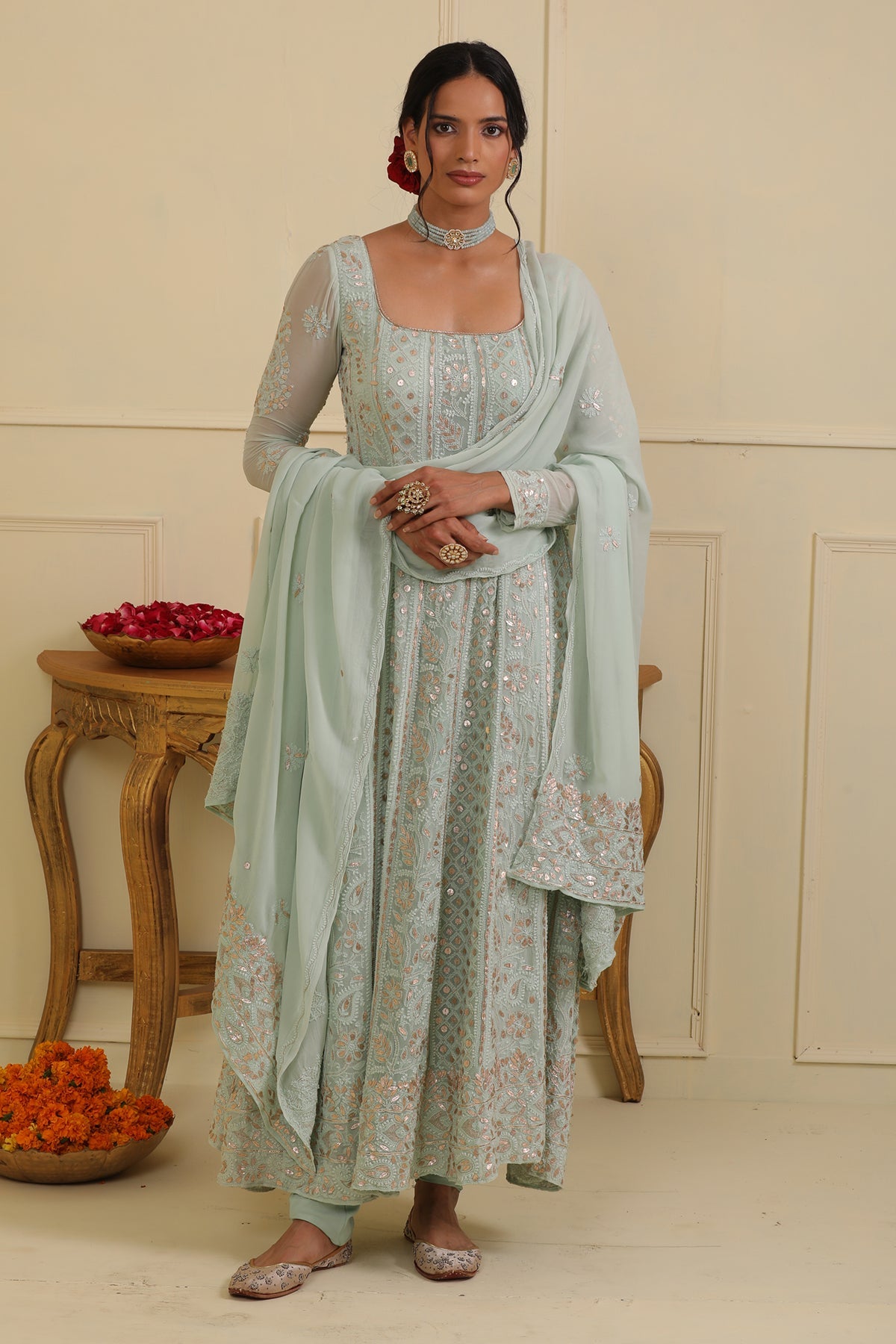 Ice blue chikankari anarkali set