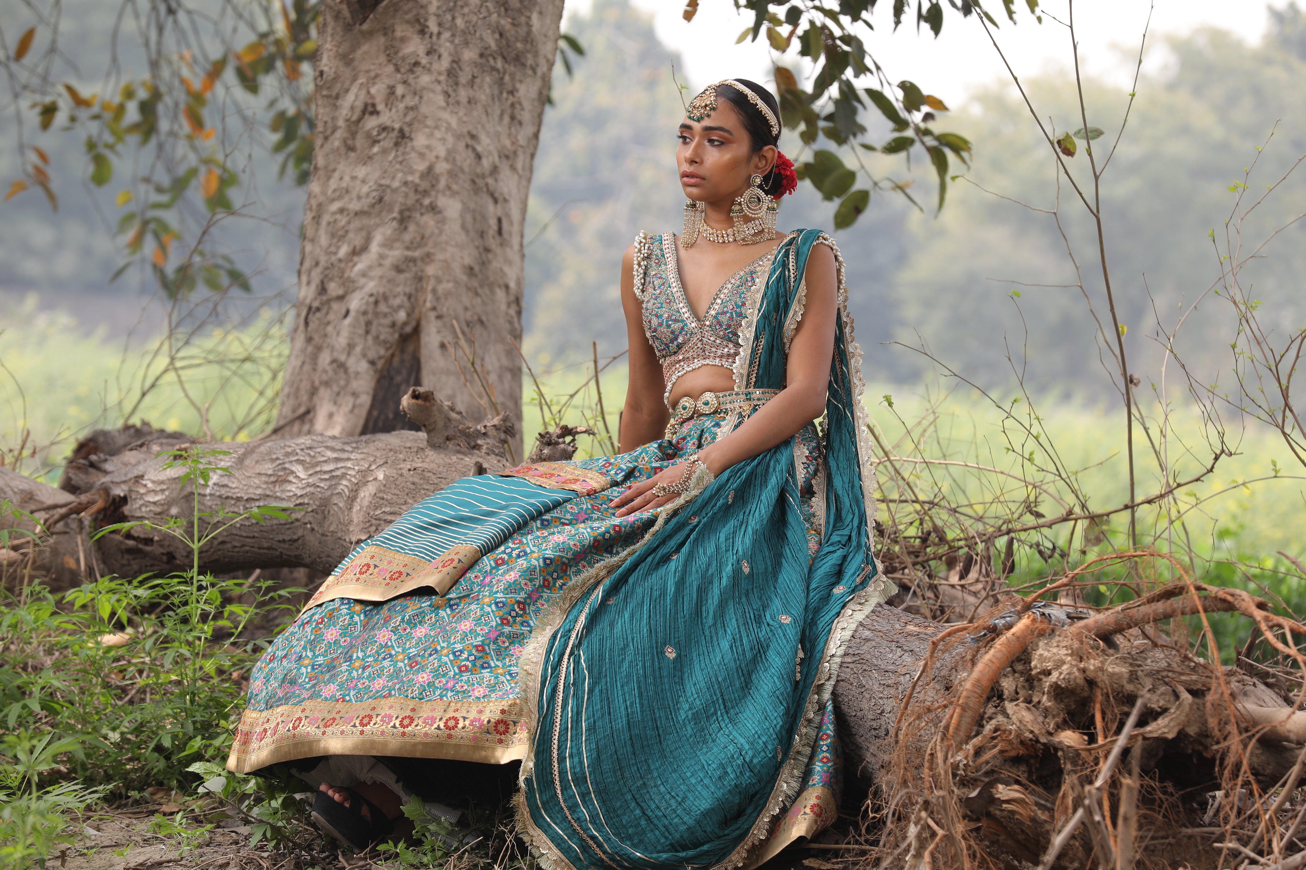Women's Teal Banarasi Ikat Lehenga Set