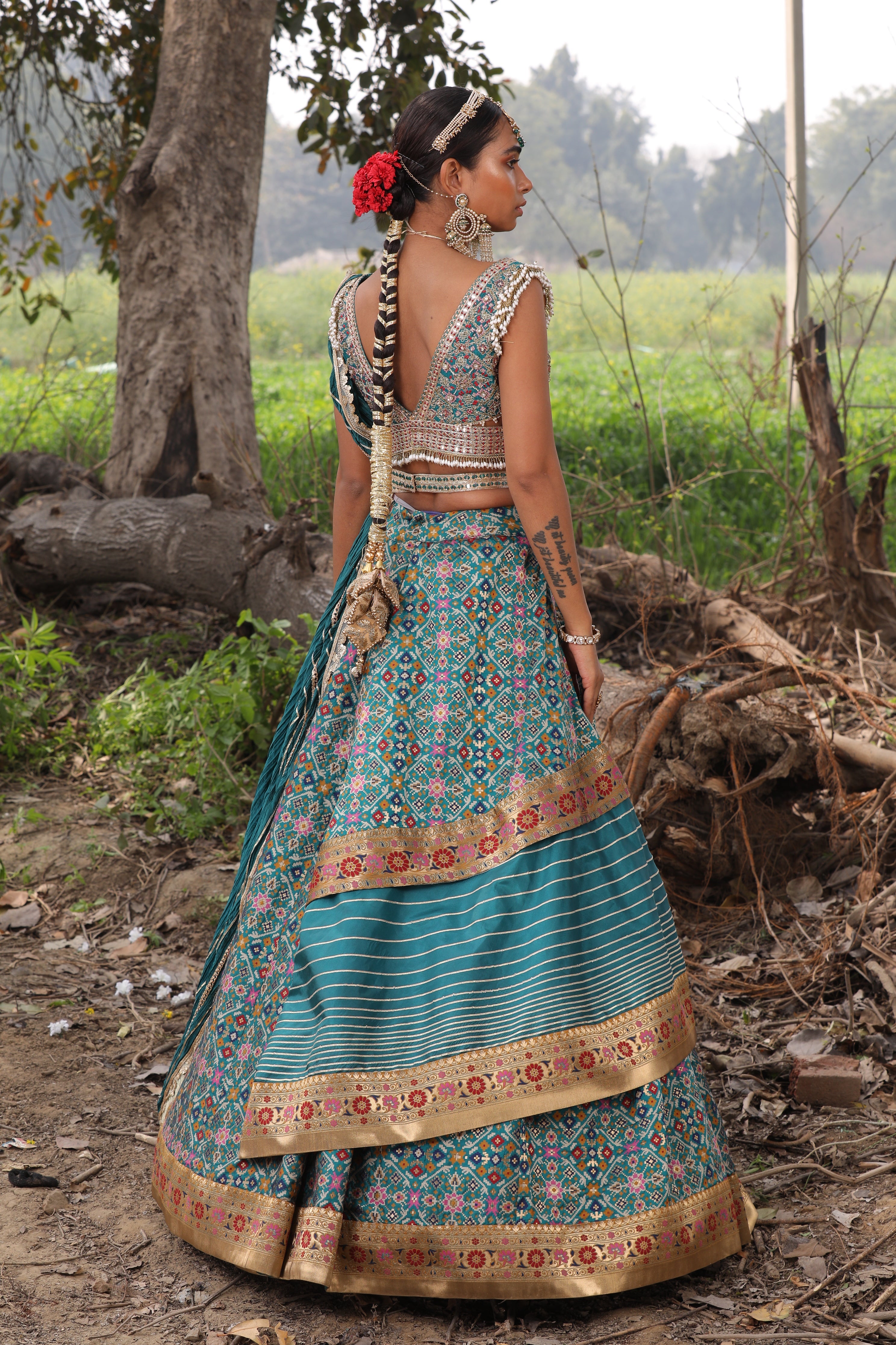 Women's Teal Banarasi Ikat Lehenga Set