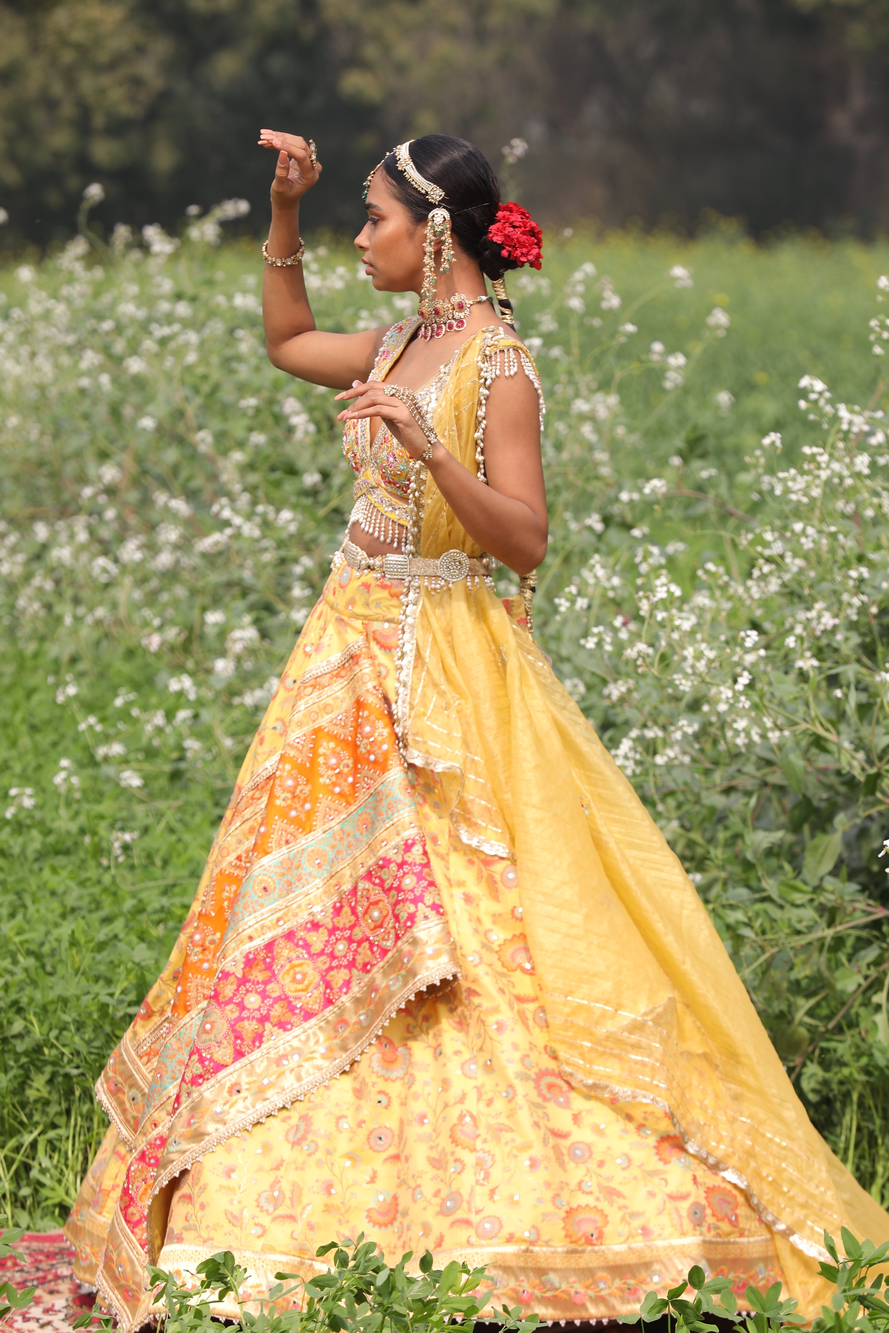 Women's Yellow Floral Asymmetrical Lehenga Set leftview