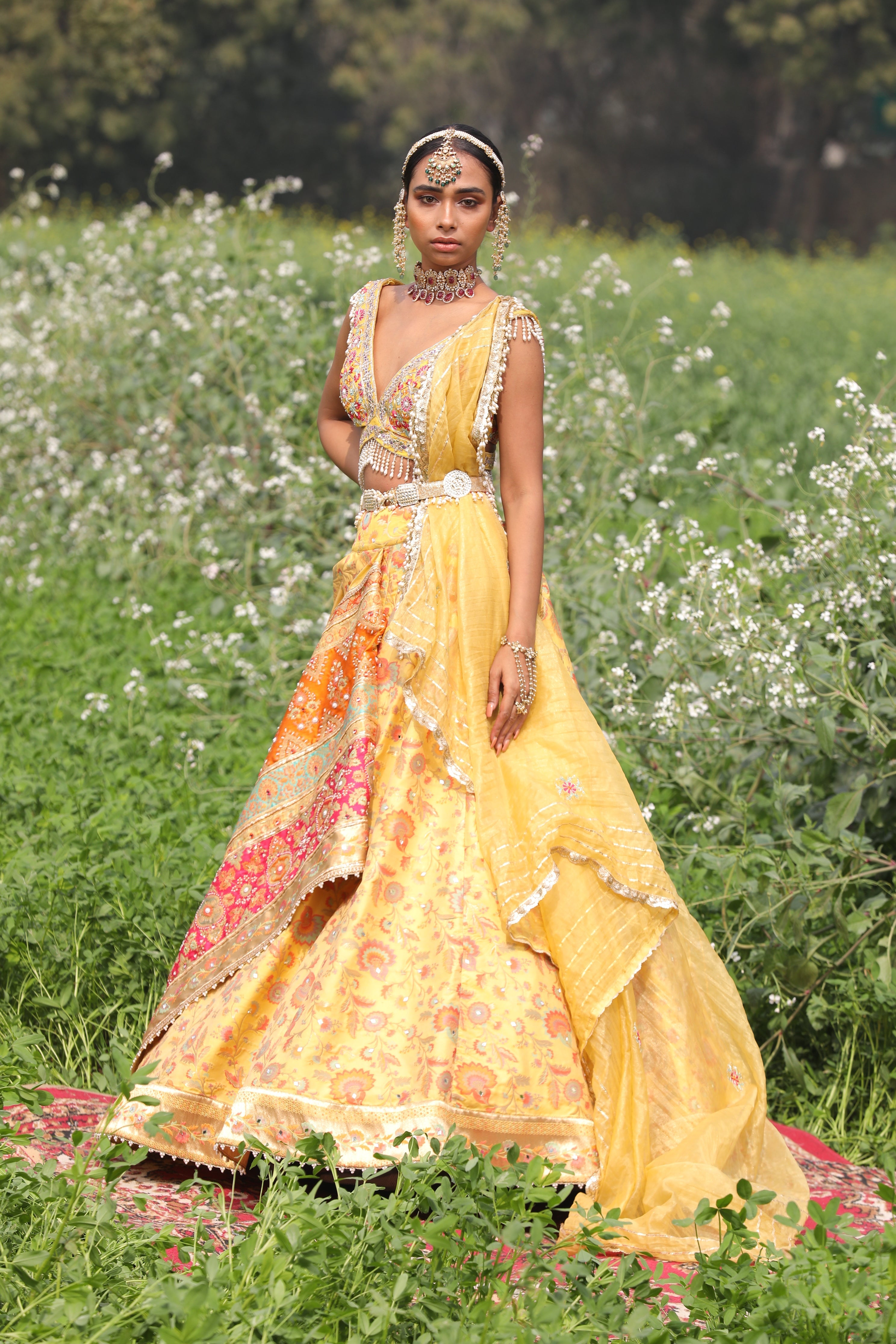 Women's Yellow Floral Asymmetrical Lehenga Set | Aditi Gupta