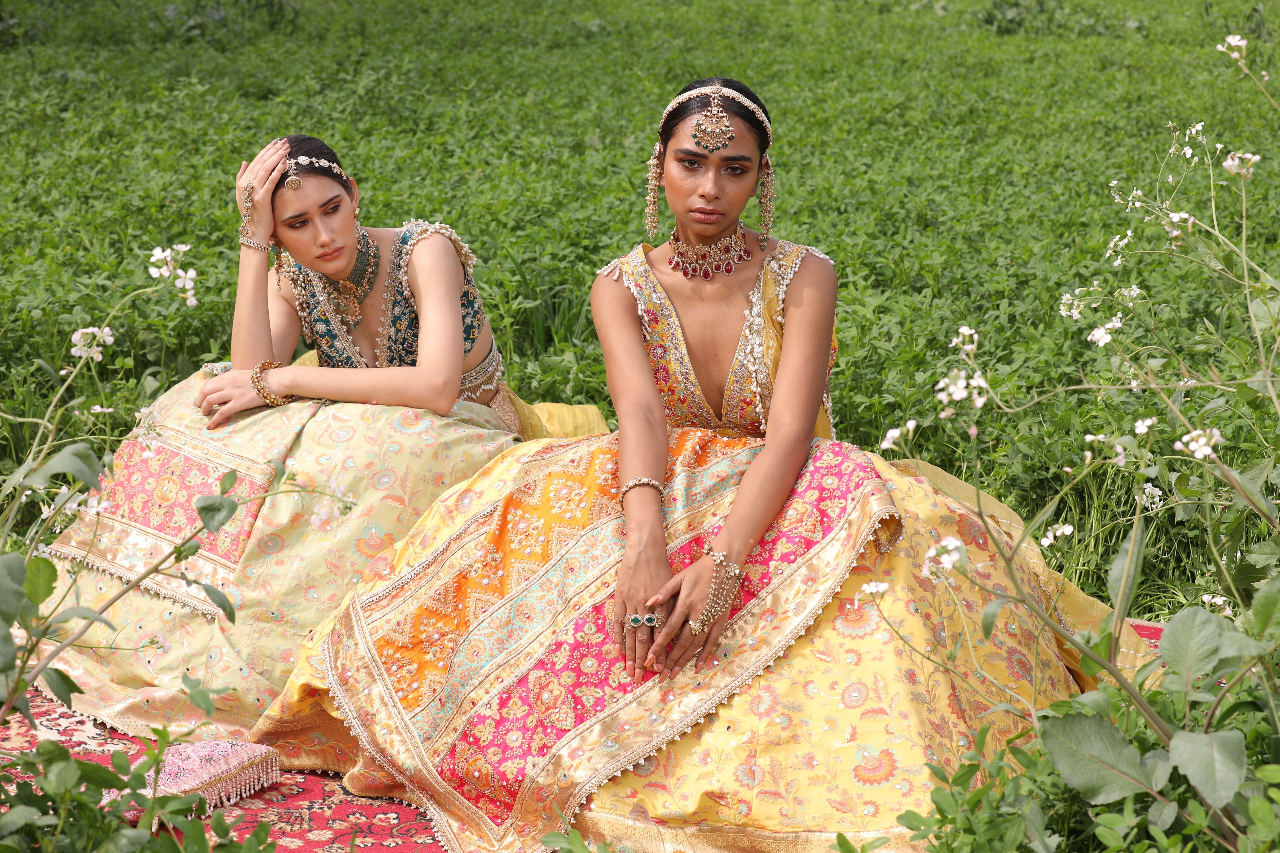 Women's Yellow Floral Asymmetrical Lehenga Set