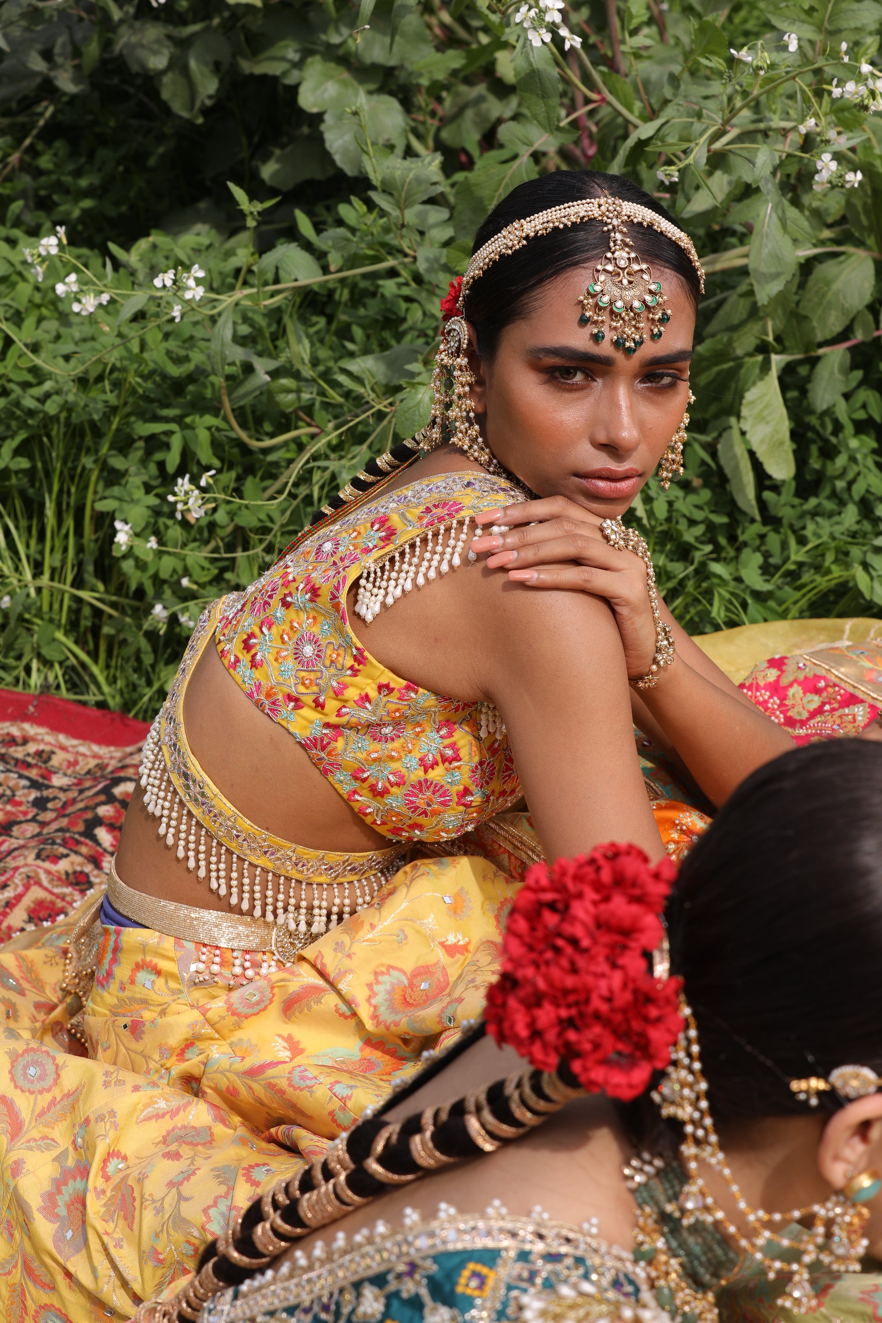 Women's Yellow Floral Asymmetrical Lehenga Set sideview