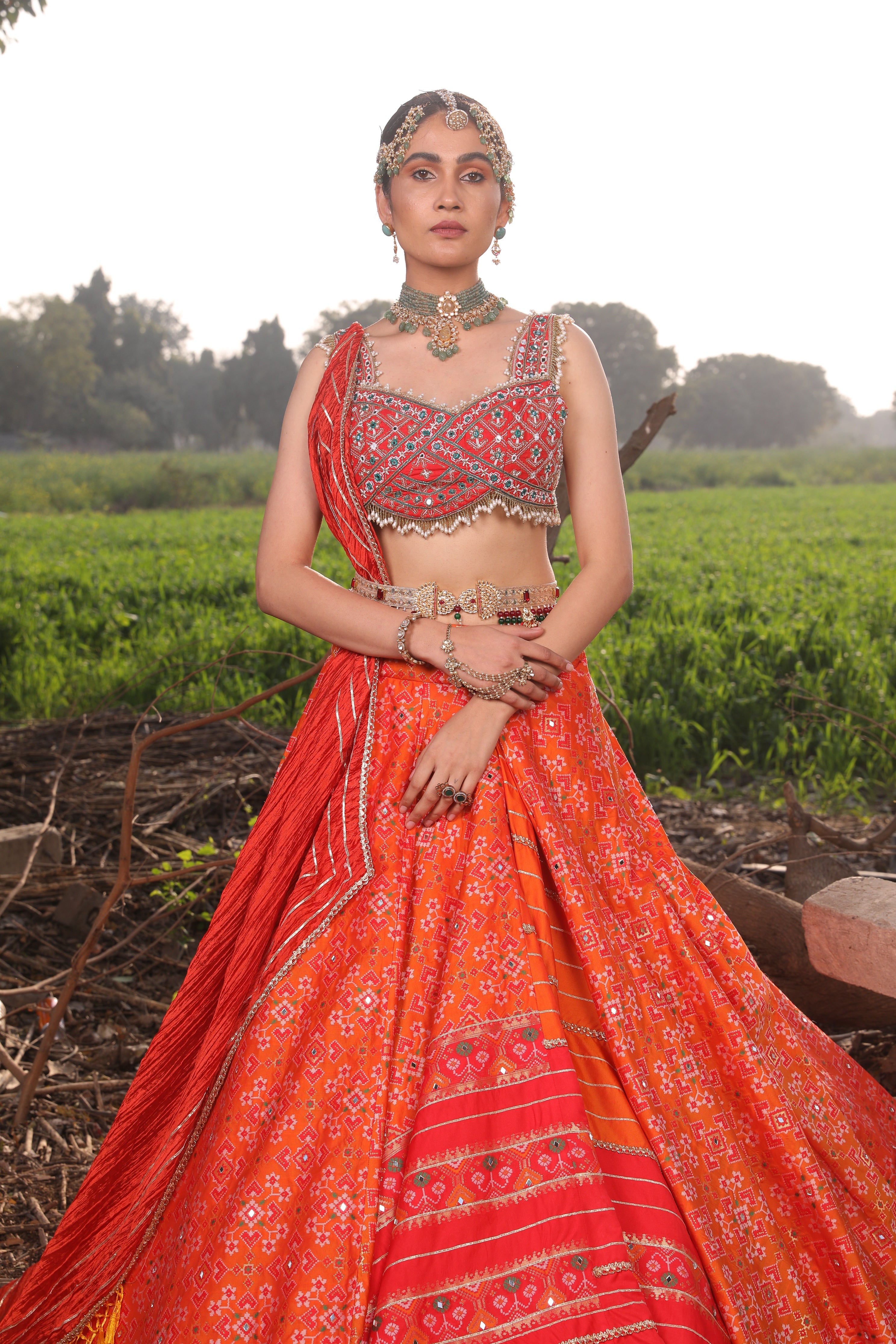 Women's Orange Woven Banarasi Silk Lehenga Set