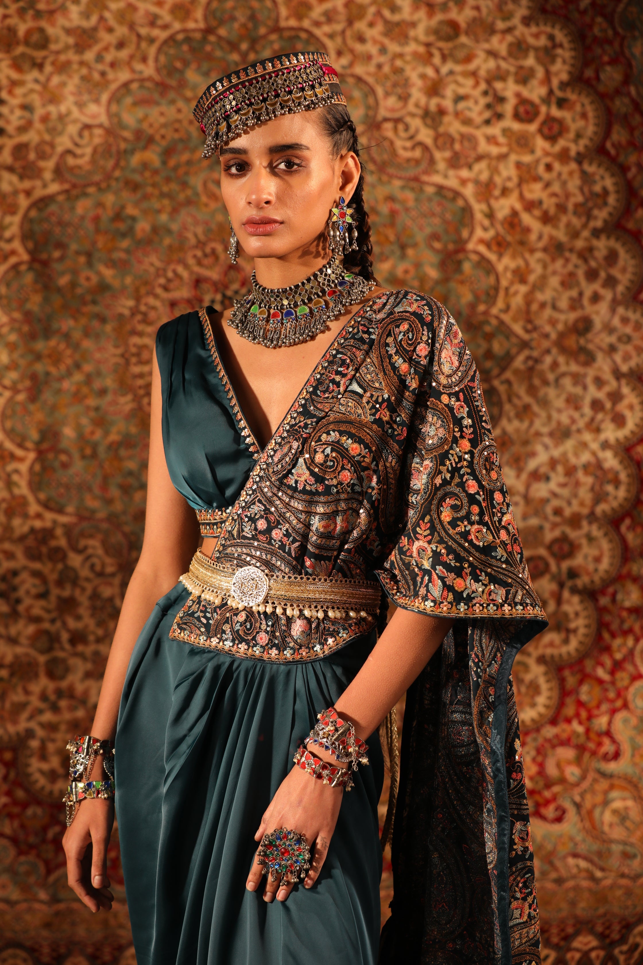 Women's Teal Kashida Embroidered Draped Saree | Aditi Gupta