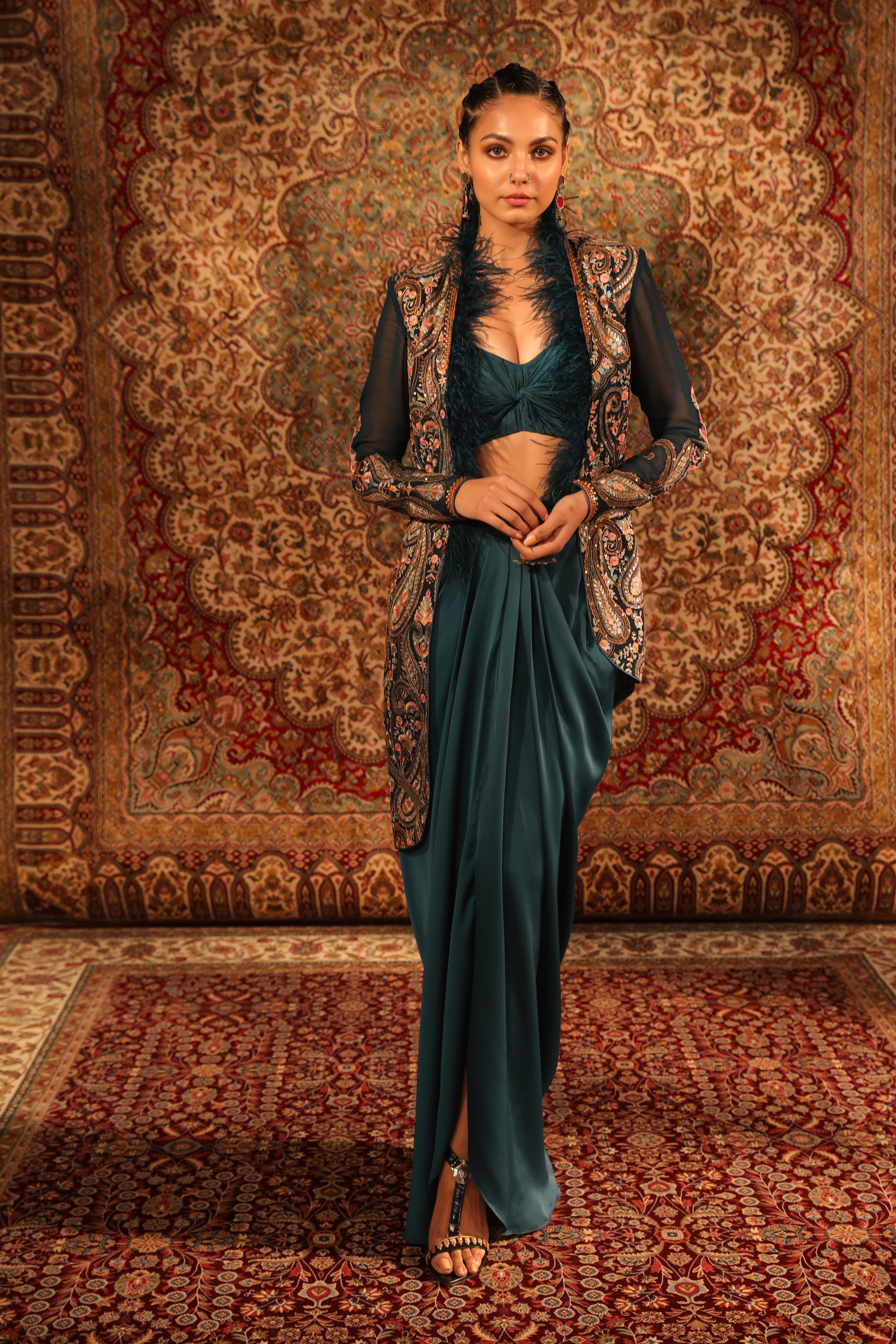 Women's Teal Embroidered Hi-low Jacket Set