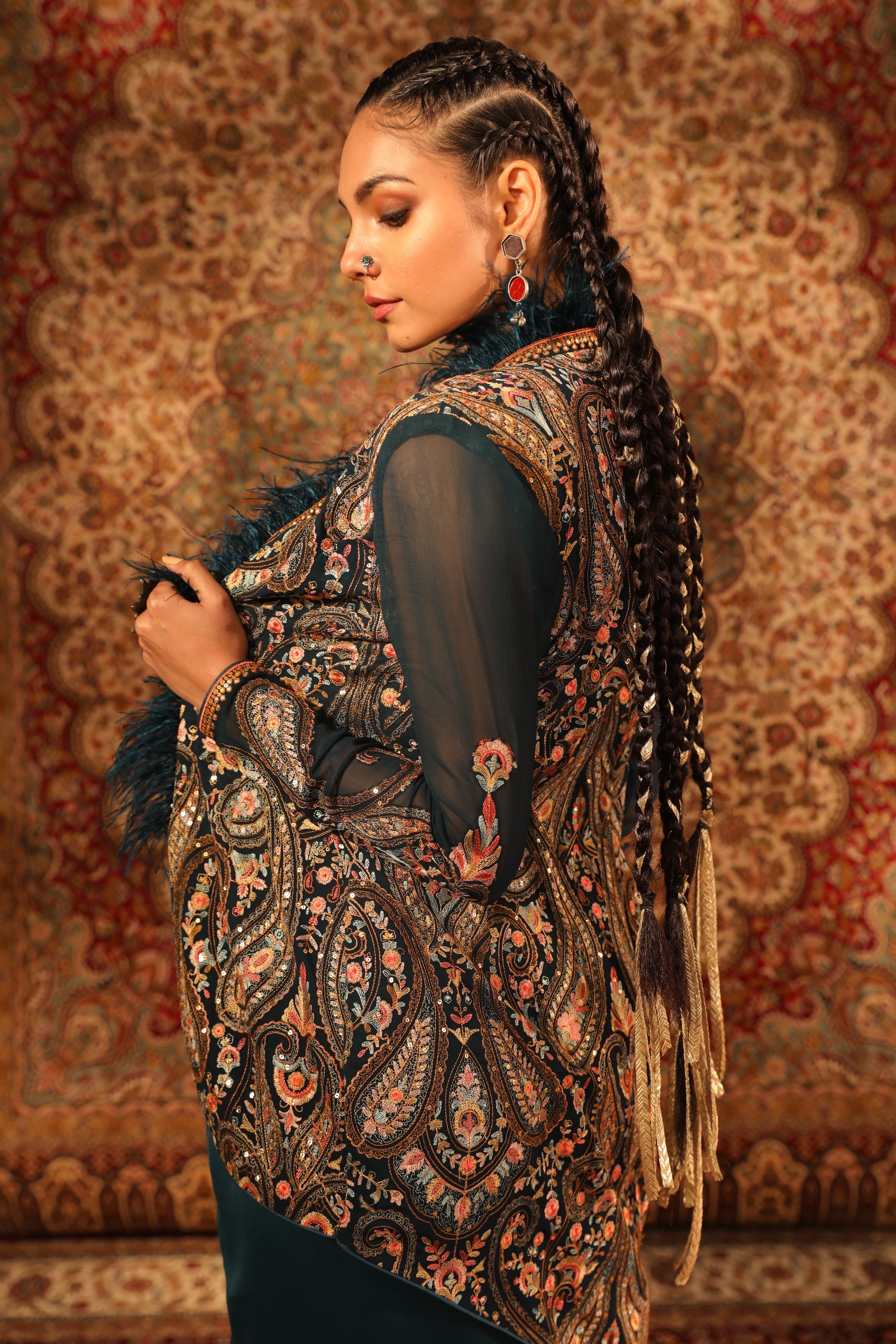 Women's Teal Embroidered Hi-low Jacket Set sideview