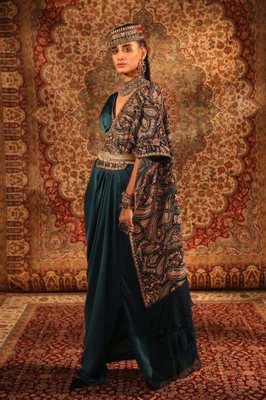 Women's Teal Kashida Draped Saree Skirt Set