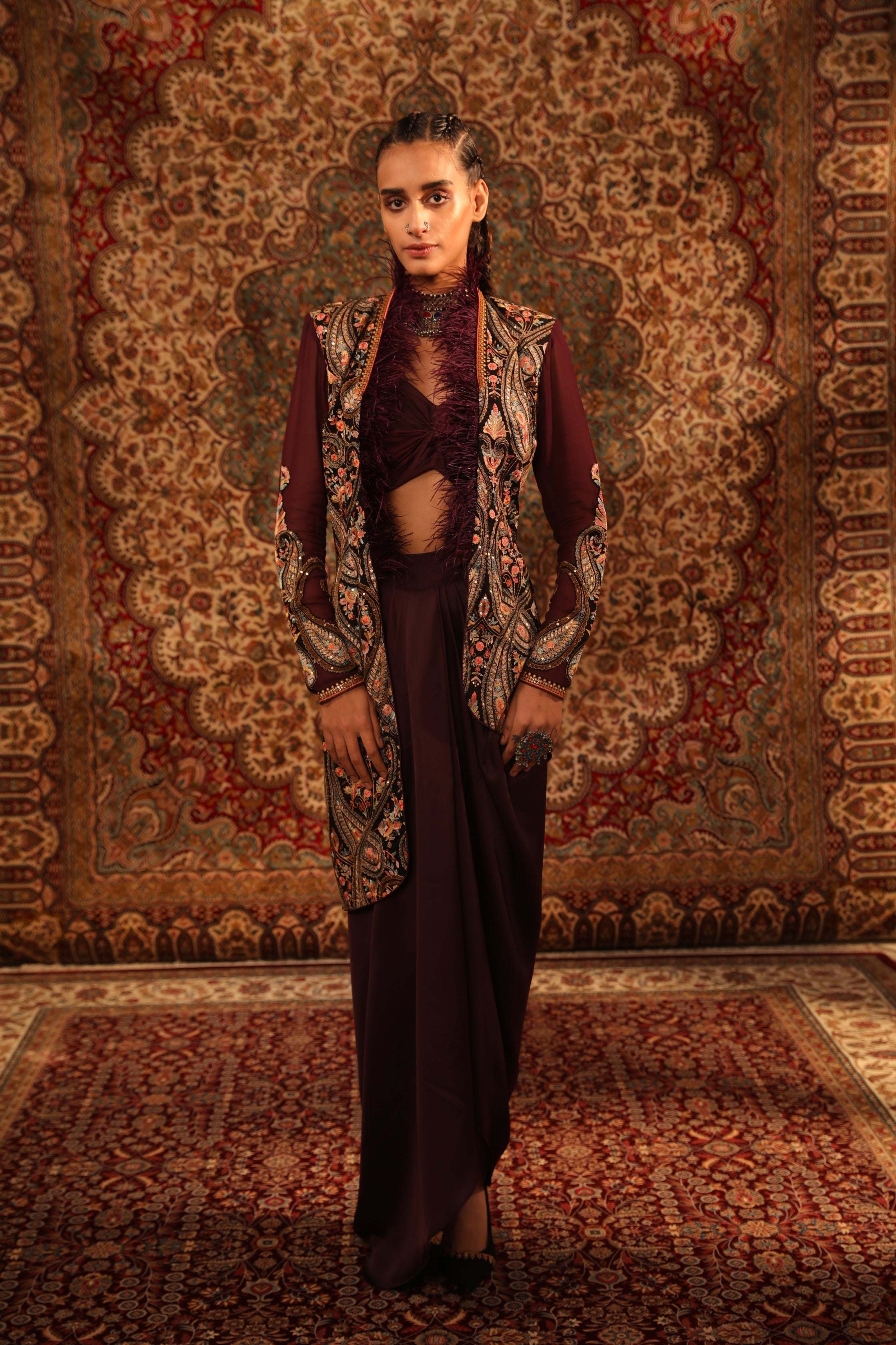 Women's Wine Embroidered Hi-Low jacket Set